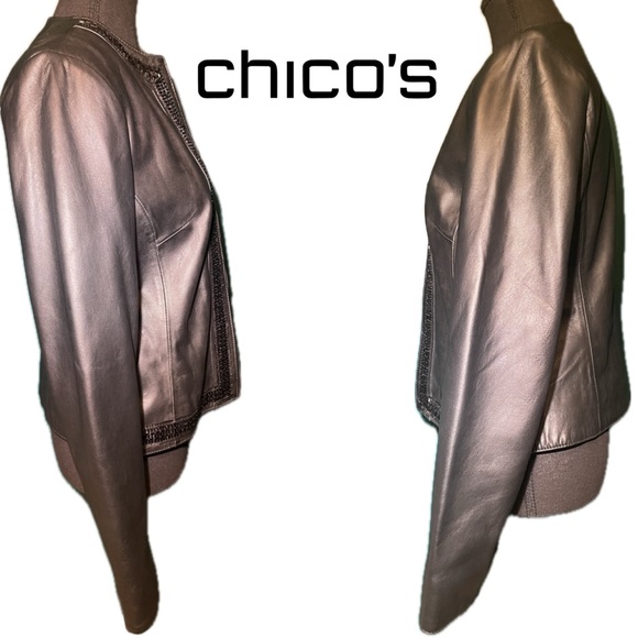 Chico's Black Leather Jacket w/ Bead Trim & Clasp Front - Fall Autumn EUC 0 XS 4 - Picture 2 of 12